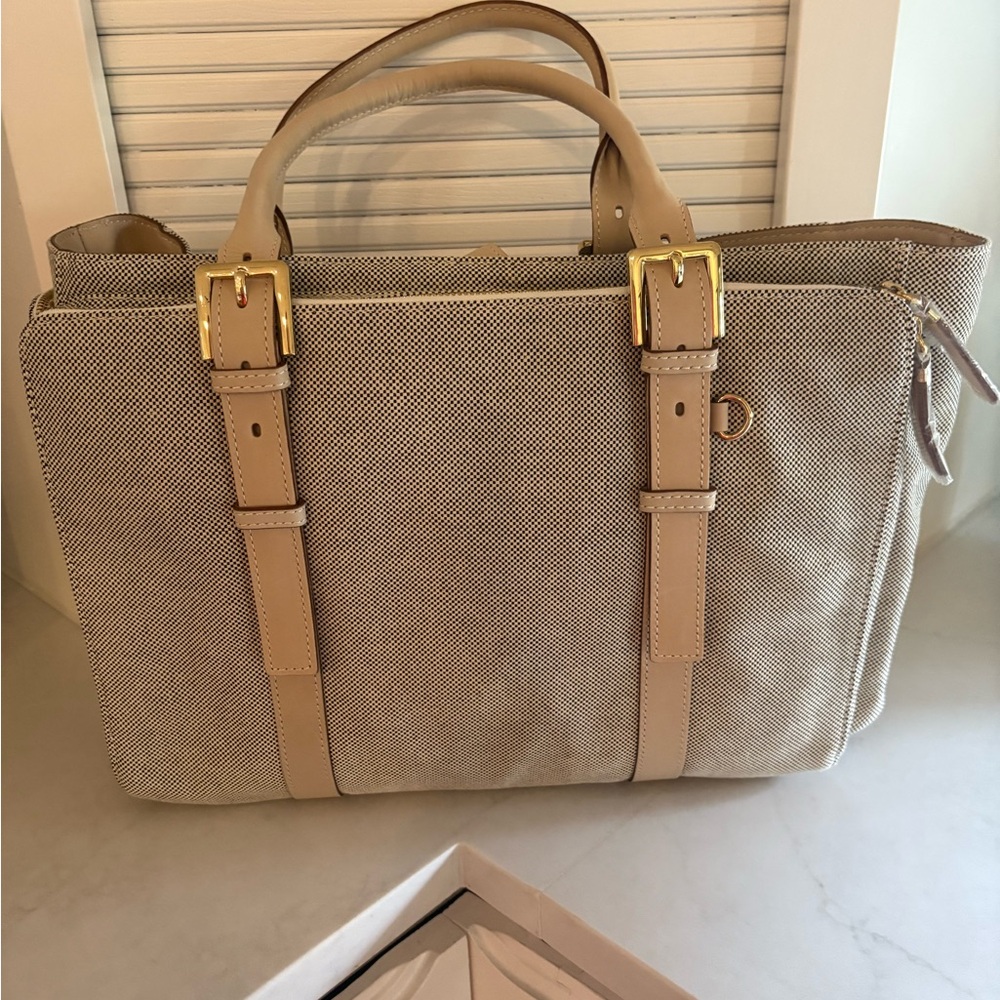 India Hicks Tan Laptop Bag with Leather Trim